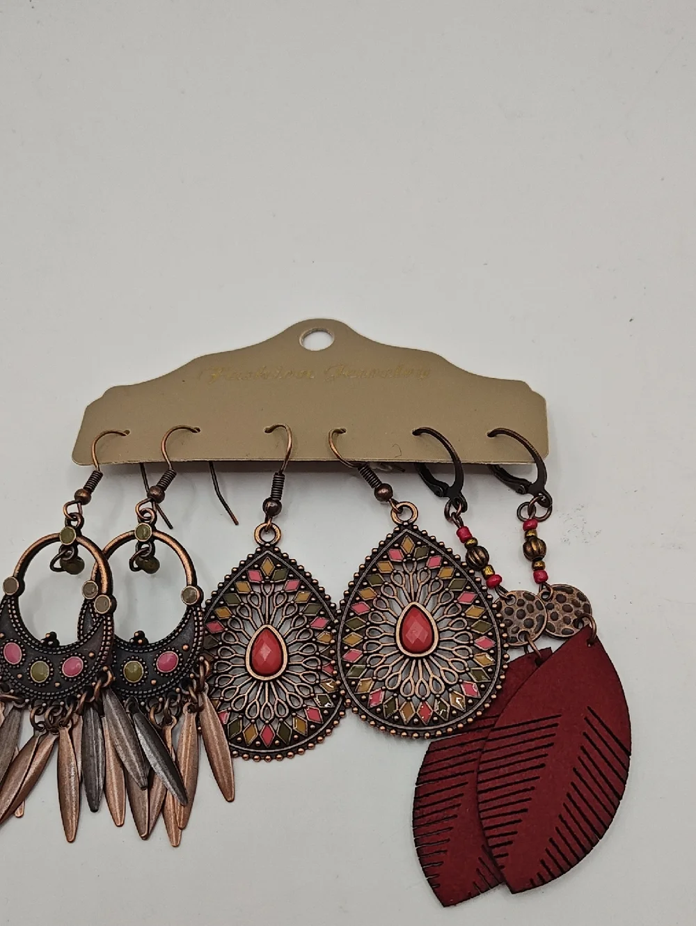 Boho Metal Teardrop and Feather Earrings Set Red and Copper 3 Pair